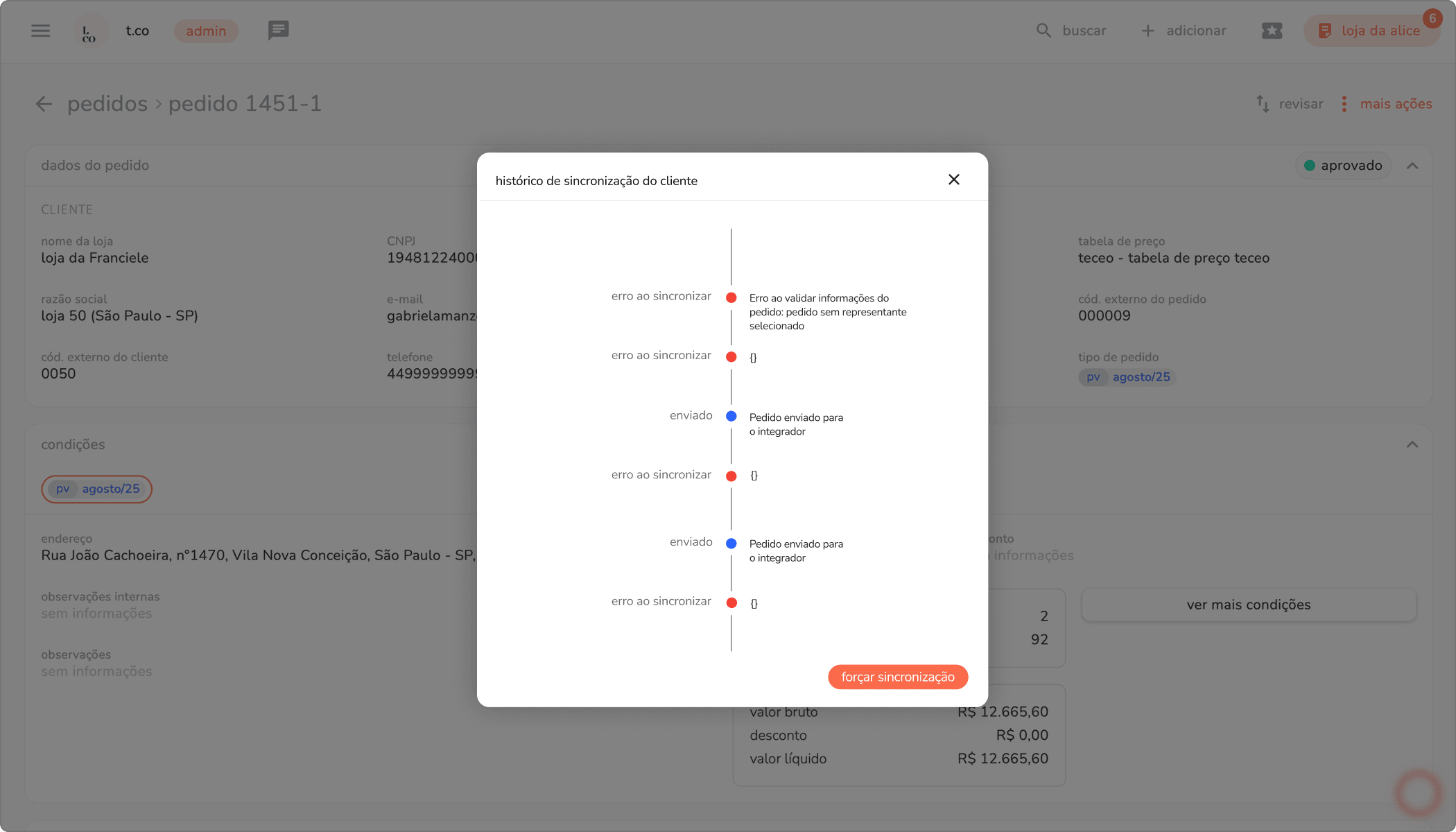 modal de histórico de sincronização do pedido com mensagens de erro ao sincronizar em vermelho