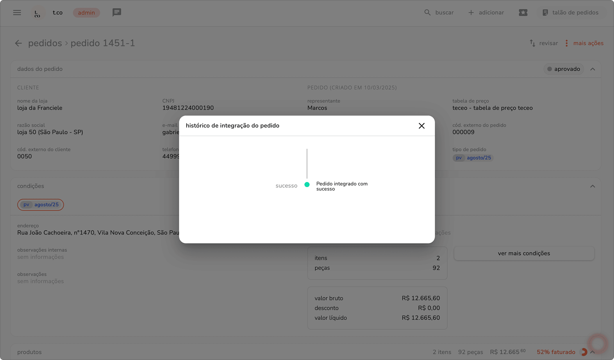 modal de histórico de integração do pedido com o status sucesso em verde indicando pedido integrado