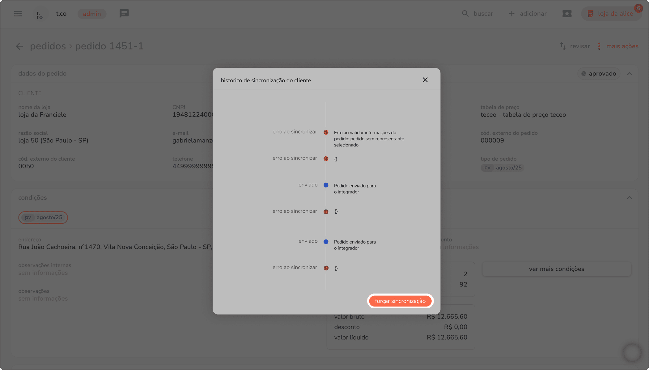 modal de histórico de sincronização do pedido com o botão forçar sincronização destacado