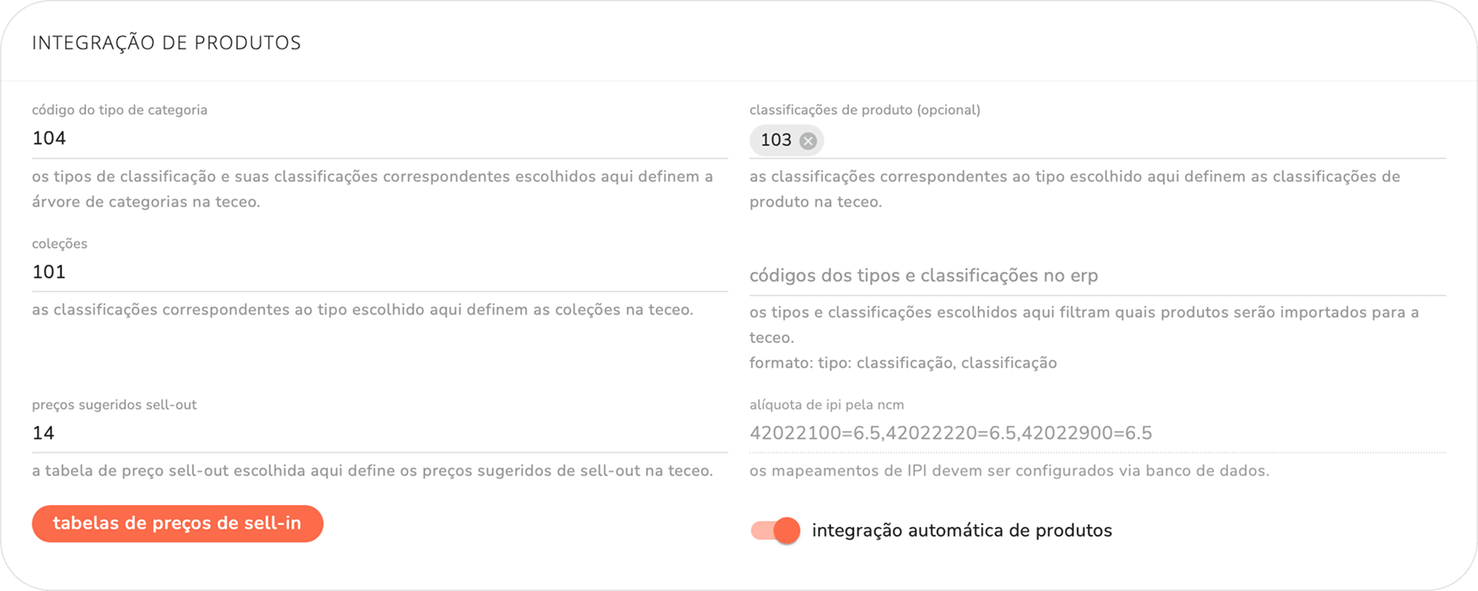 seção integração de produtos do integrador TOTVS Moda com todos os campos e a opção de sincronização automática de produtos
