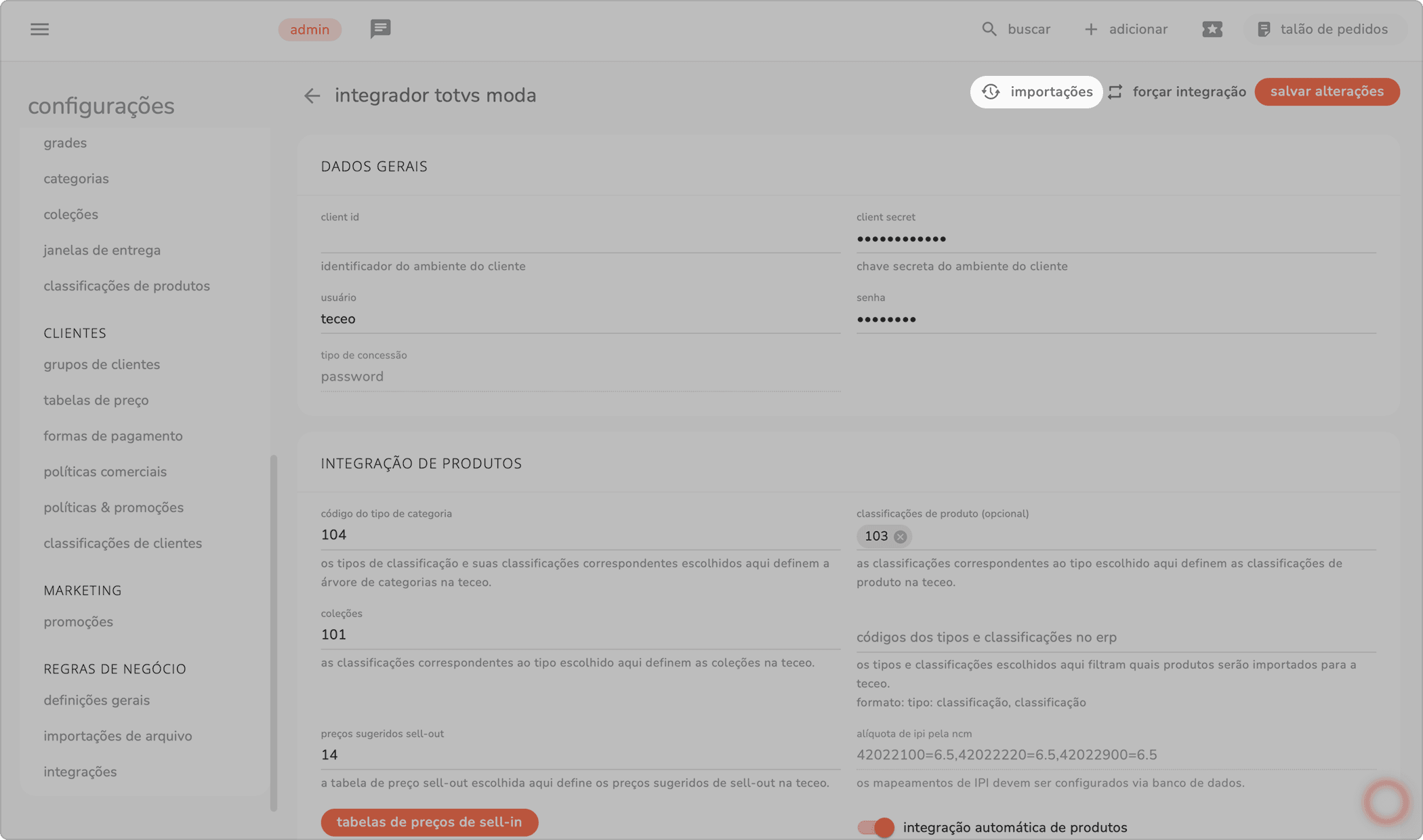 tela do integrador TOTVS Moda com a opção importações destacada no canto superior direito