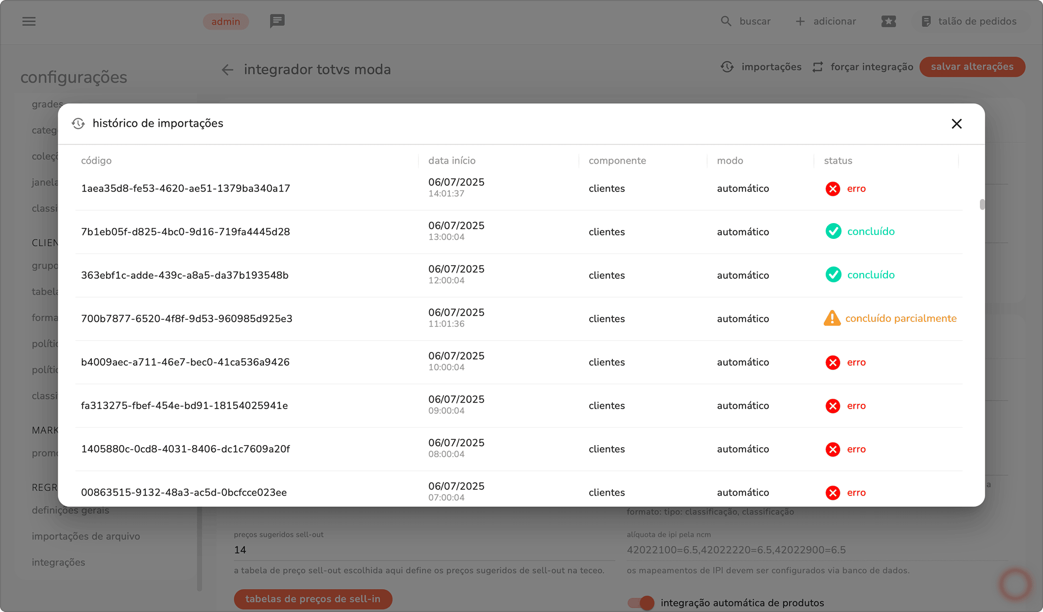 modal de histórico de importações com data, componente, modo e status de cada importação