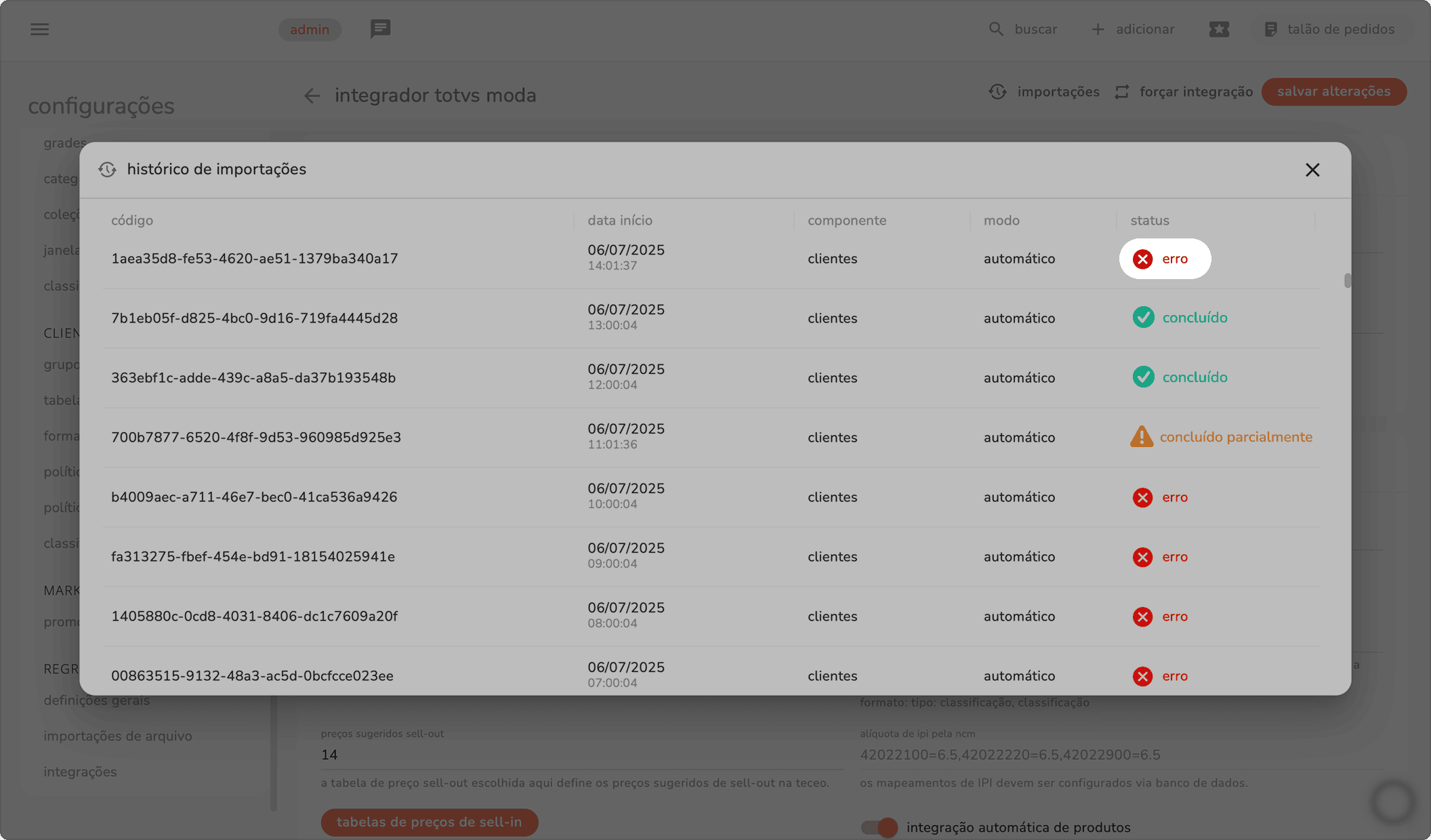 modal de histórico de importações com o status erro destacado em uma linha de importação