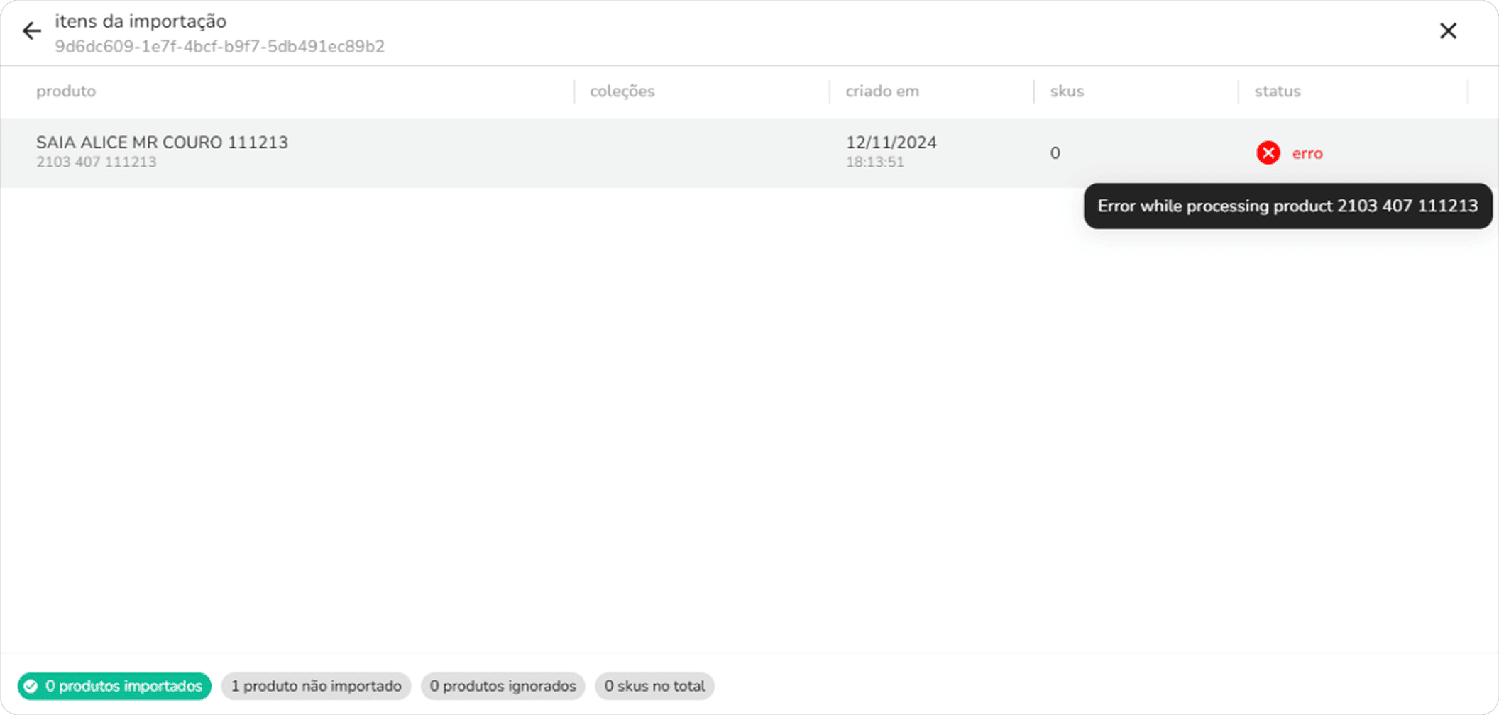 tela de itens da importação com um produto em status erro e o motivo da falha exibido