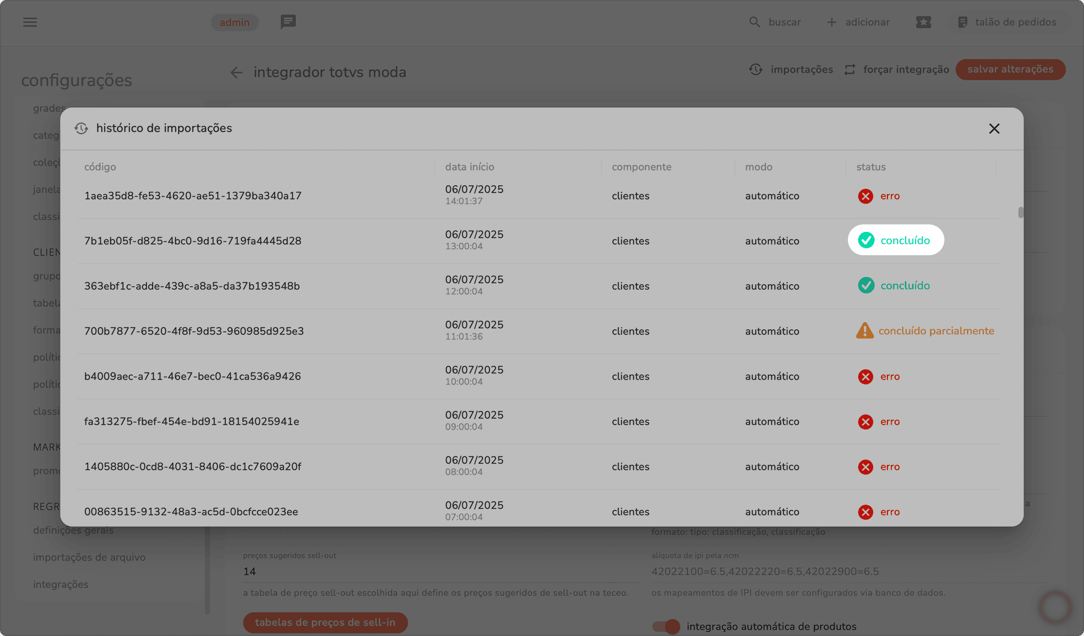 modal de histórico de importações com o status concluído destacado em uma linha de importação