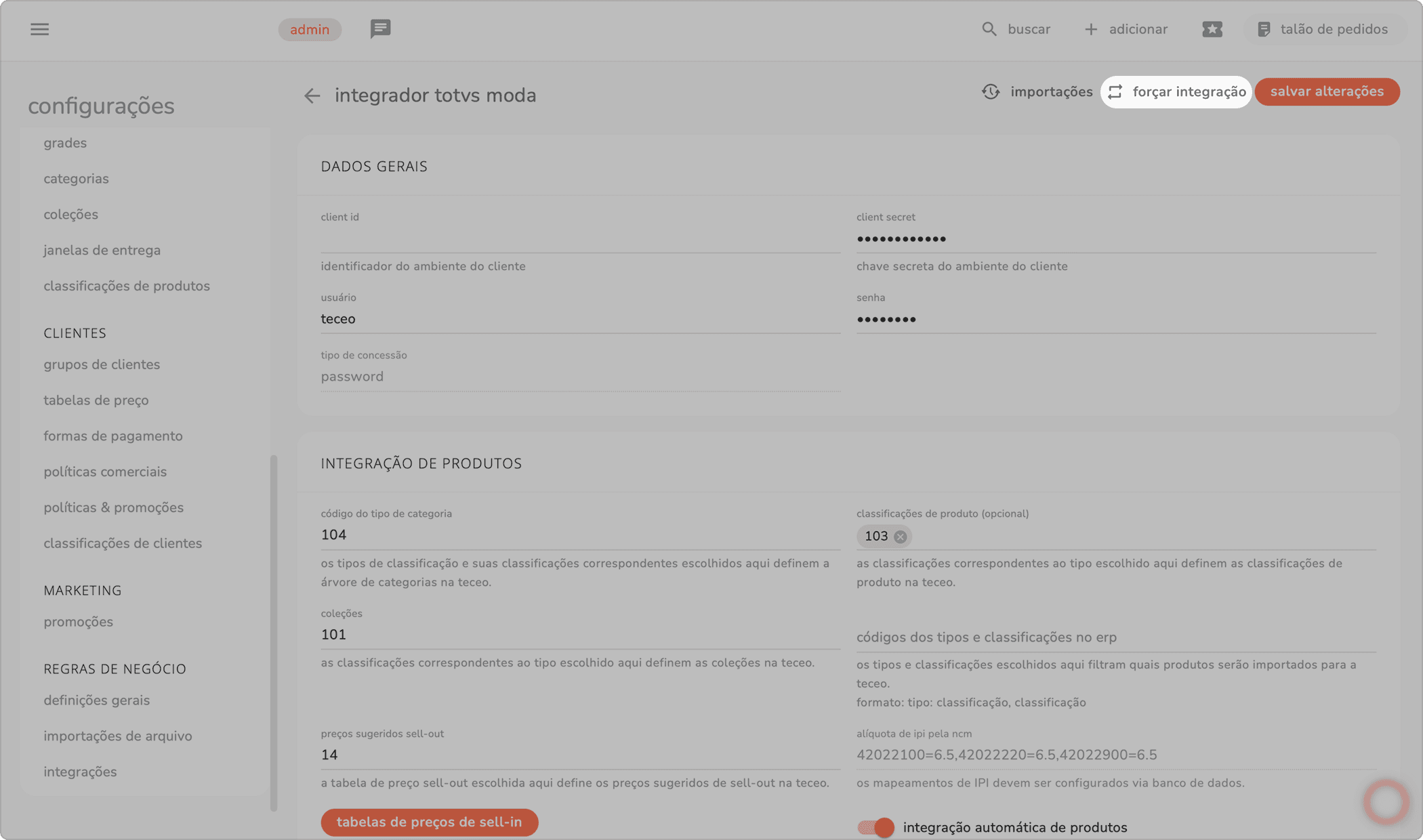 tela do integrador TOTVS Moda com a opção forçar integração destacada no canto superior direito
