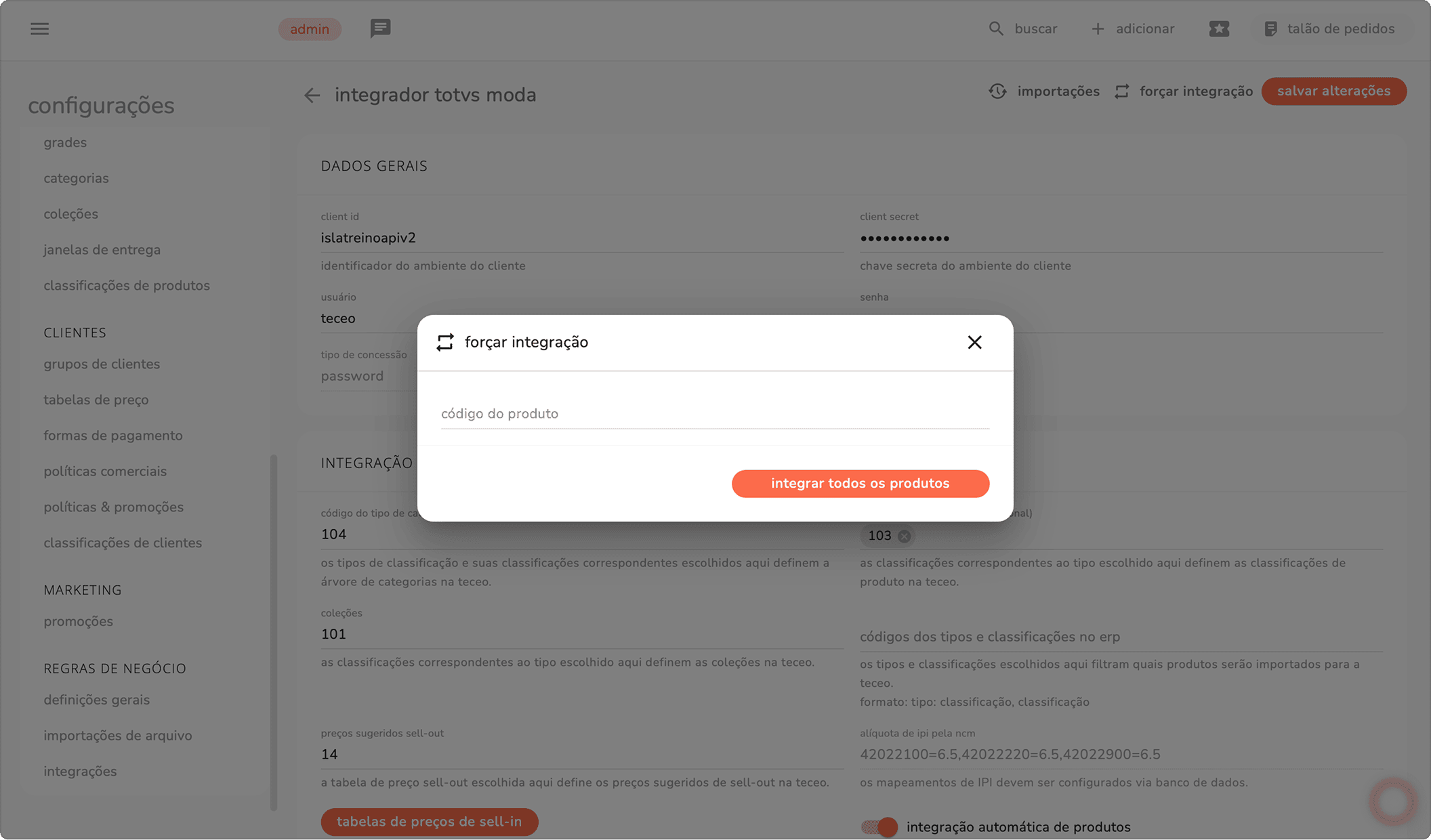modal forçar integração com o campo código do produto e o botão integrar todos os produtos