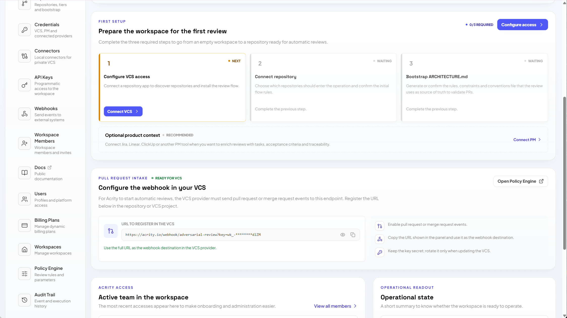 Panel de Vista general de la Consola que muestra la lista de configuración inicial y la tarjeta de webhook entrante de VCS