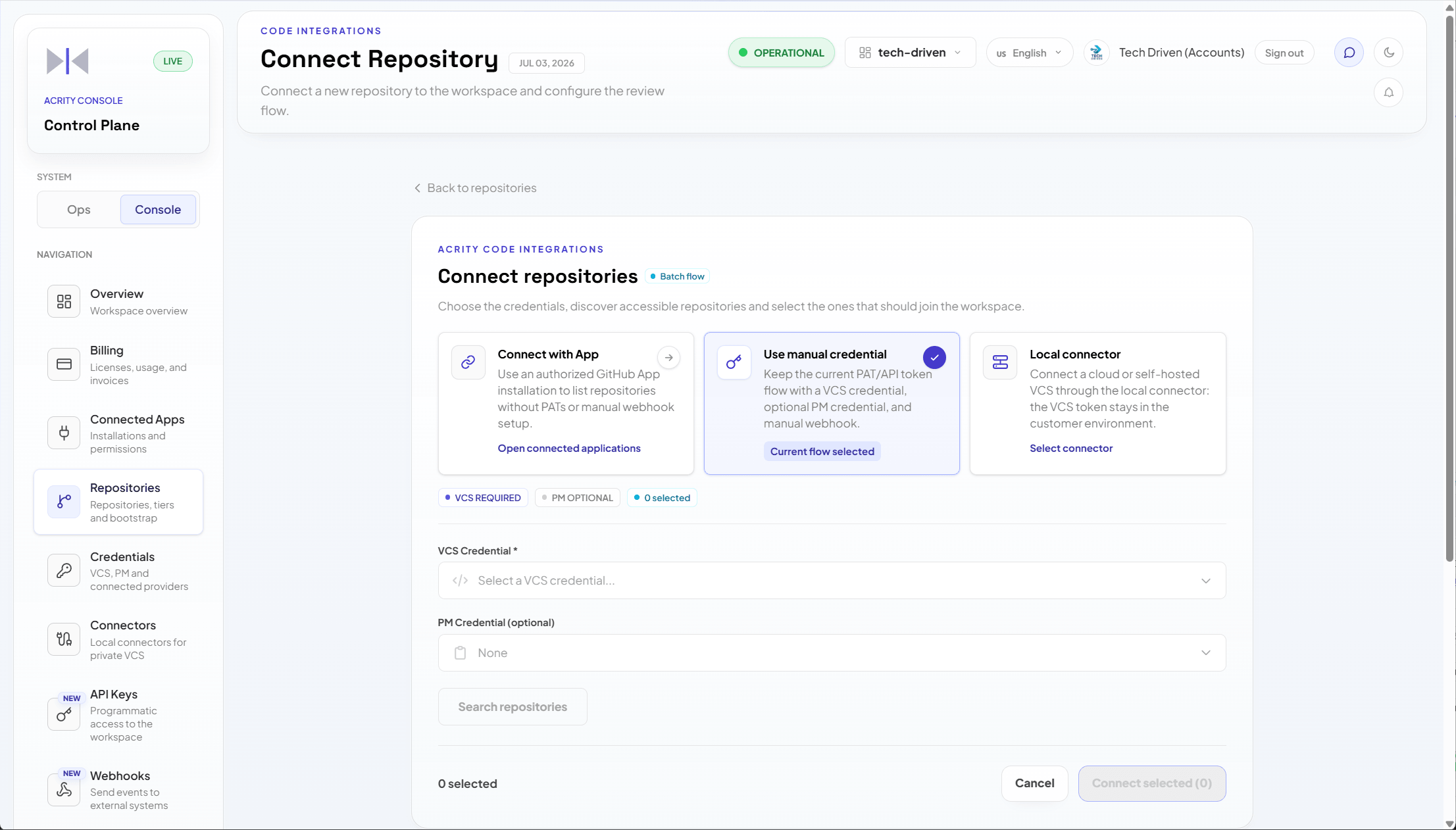 Pantalla de conectar repositorio que muestra las opciones de aplicación conectada, credencial manual y conector local