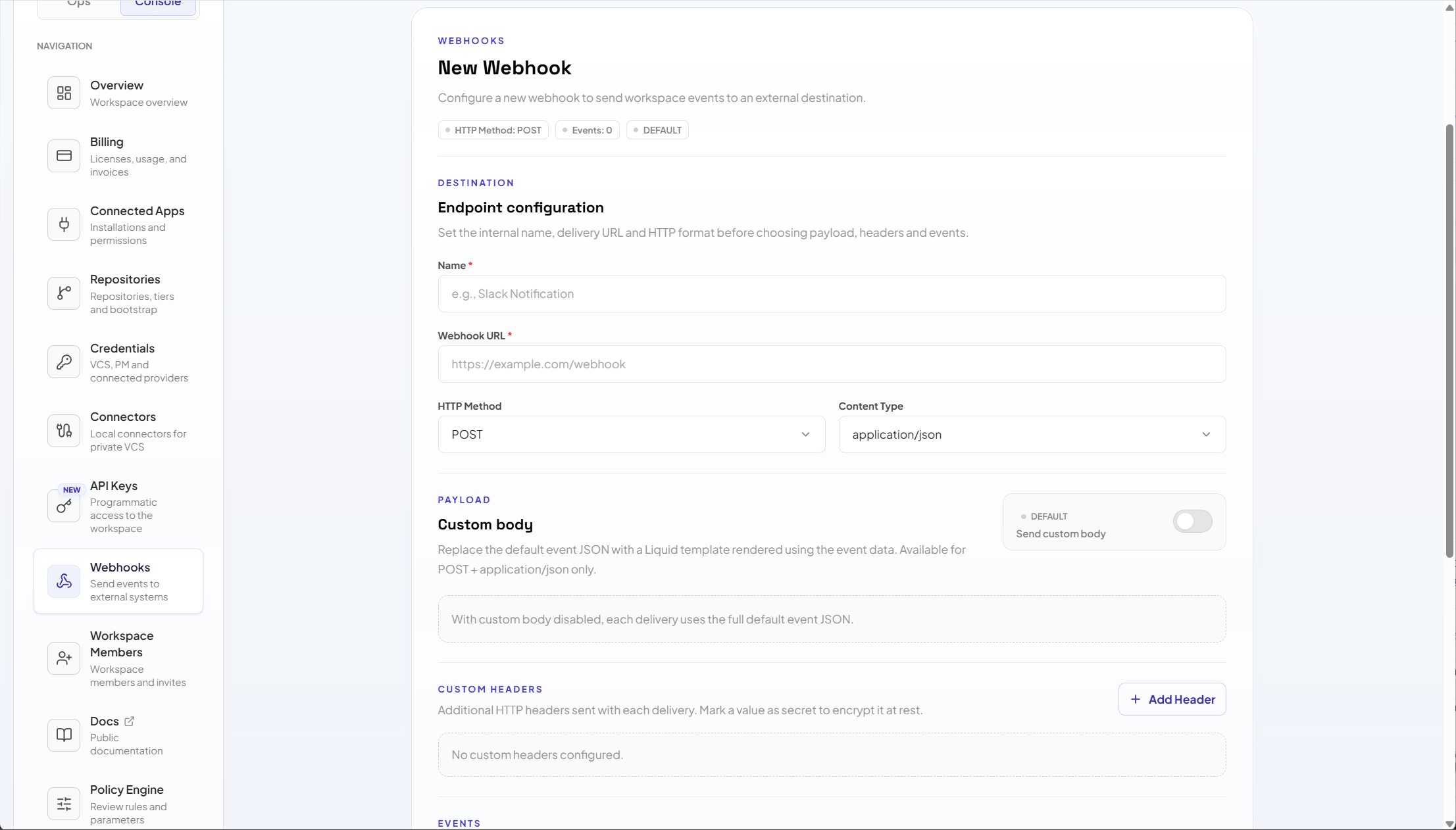 Formulario de nuevo webhook saliente con configuración de endpoint, método HTTP, headers y payload