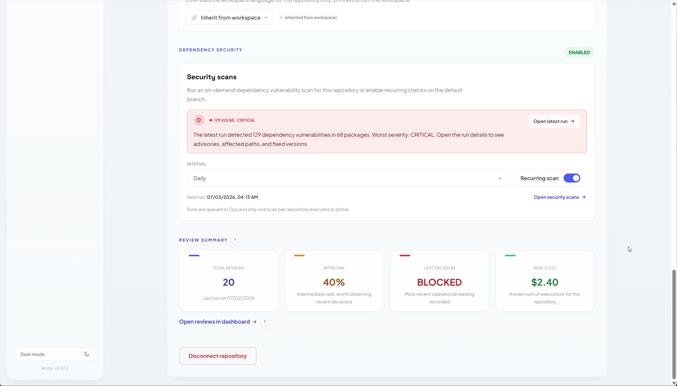 Sección Security scans del repositorio con el interruptor de escaneo recurrente y el resumen del último escaneo