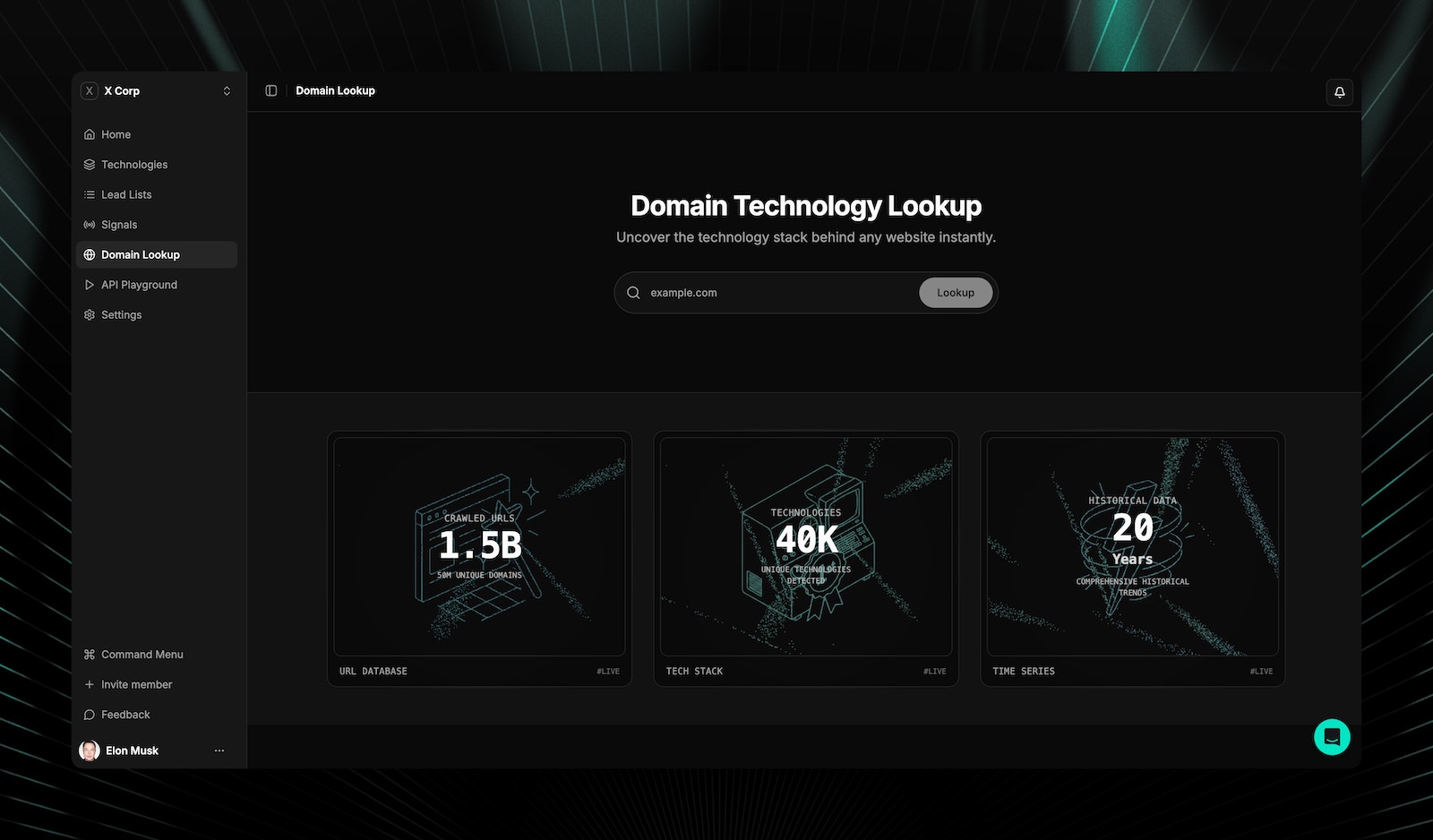 Domain Technology Lookup page with search bar and stats cards showing 1.5B crawled URLs, 40K technologies detected, and 20 years of historical data