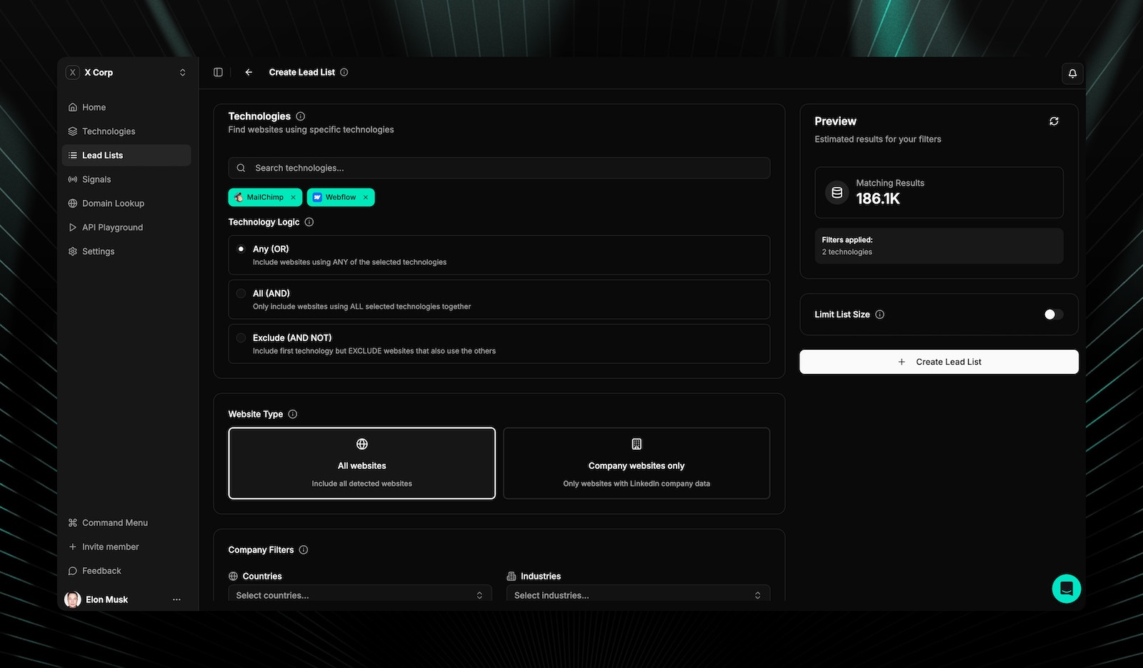 Lead list builder with MailChimp and Webflow selected as technology filters, OR/AND/AND NOT logic operators, website type toggle, and a preview panel showing 186.1K matching results