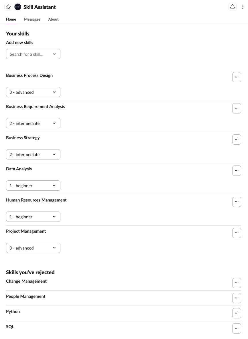 App Home with proficiency levels