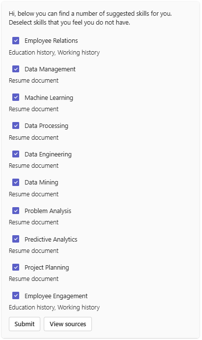 Skill Suggestions with "View Sources" Button