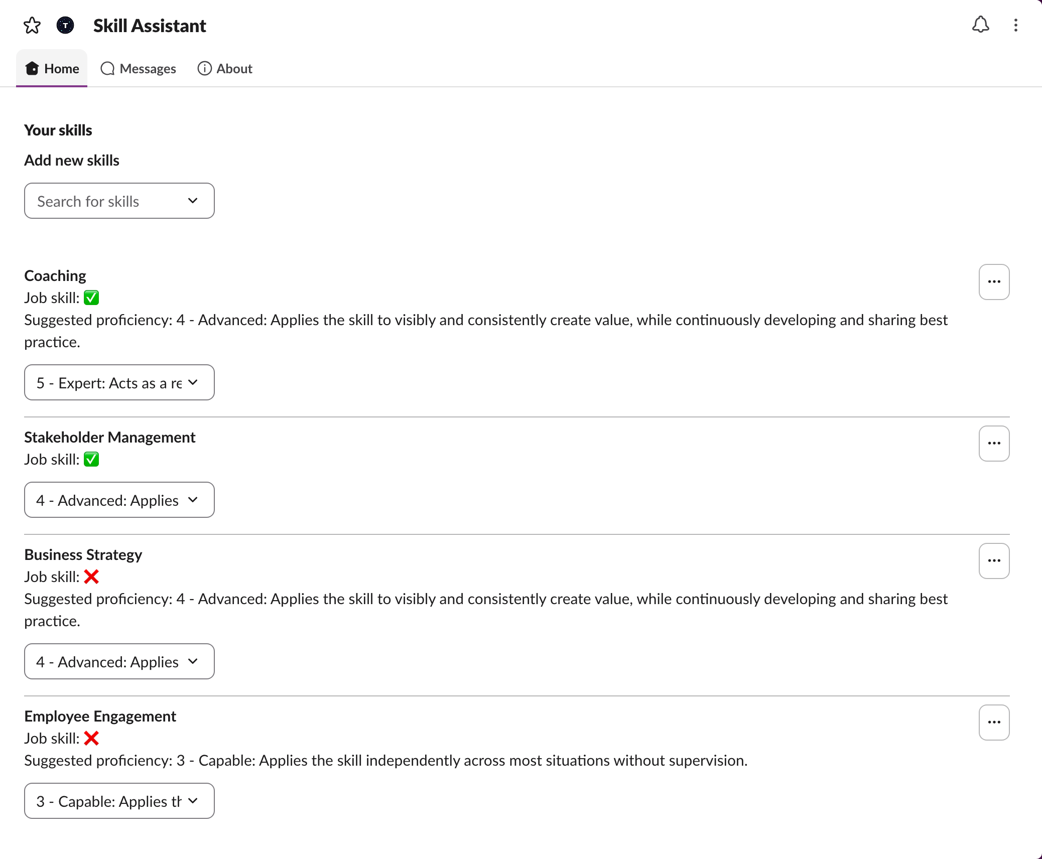 App Home with job-critical skills