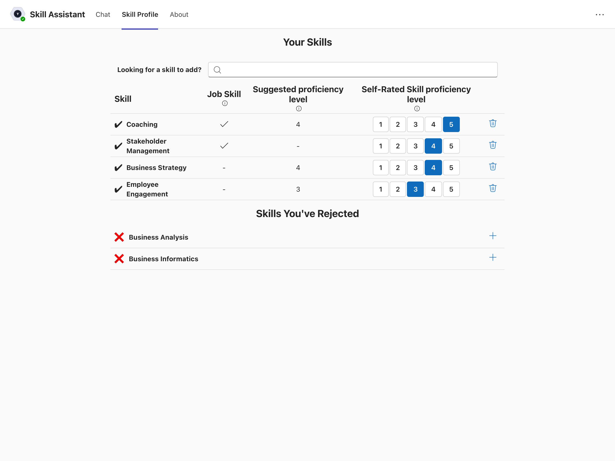 Skill Management Tab with job-critical skills