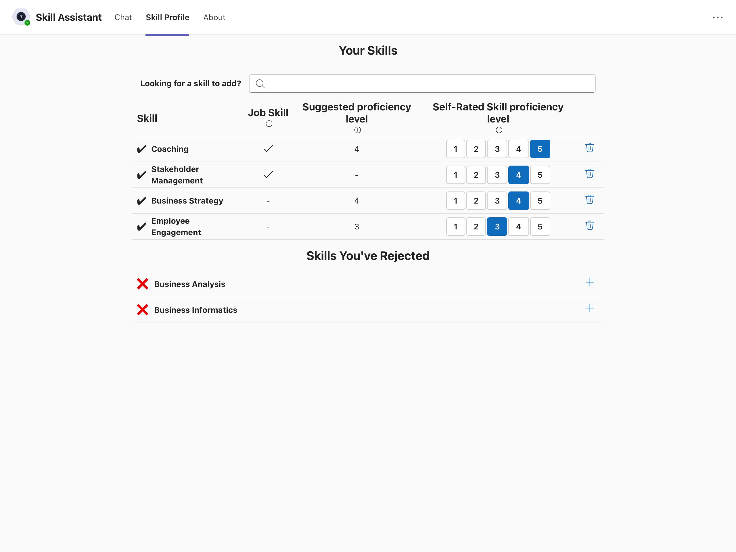 Skill Management Tab with job-critical skills
