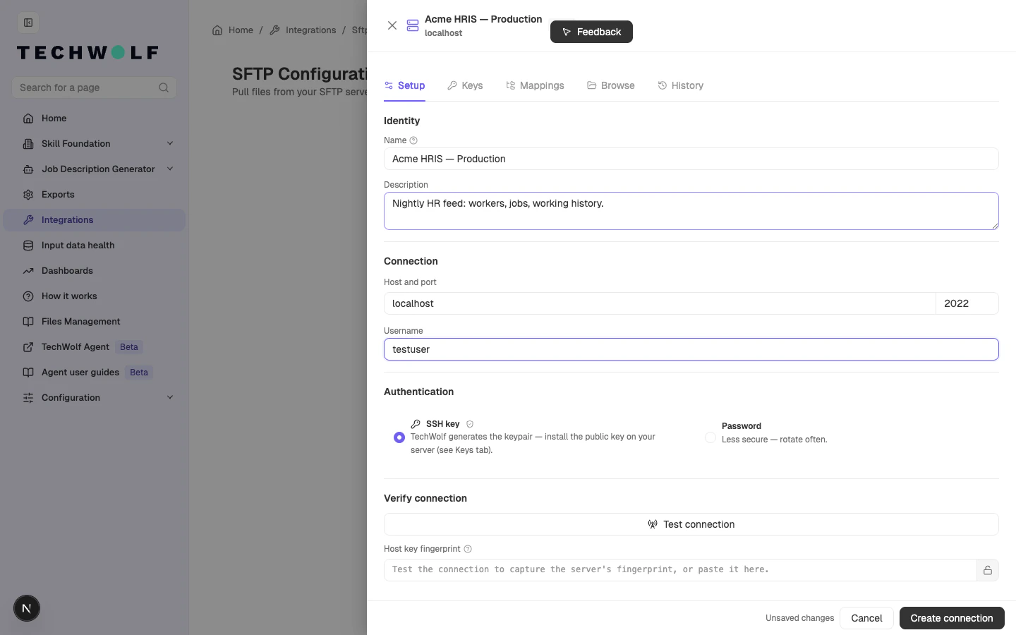 Setup tab with identity and connection fields filled in