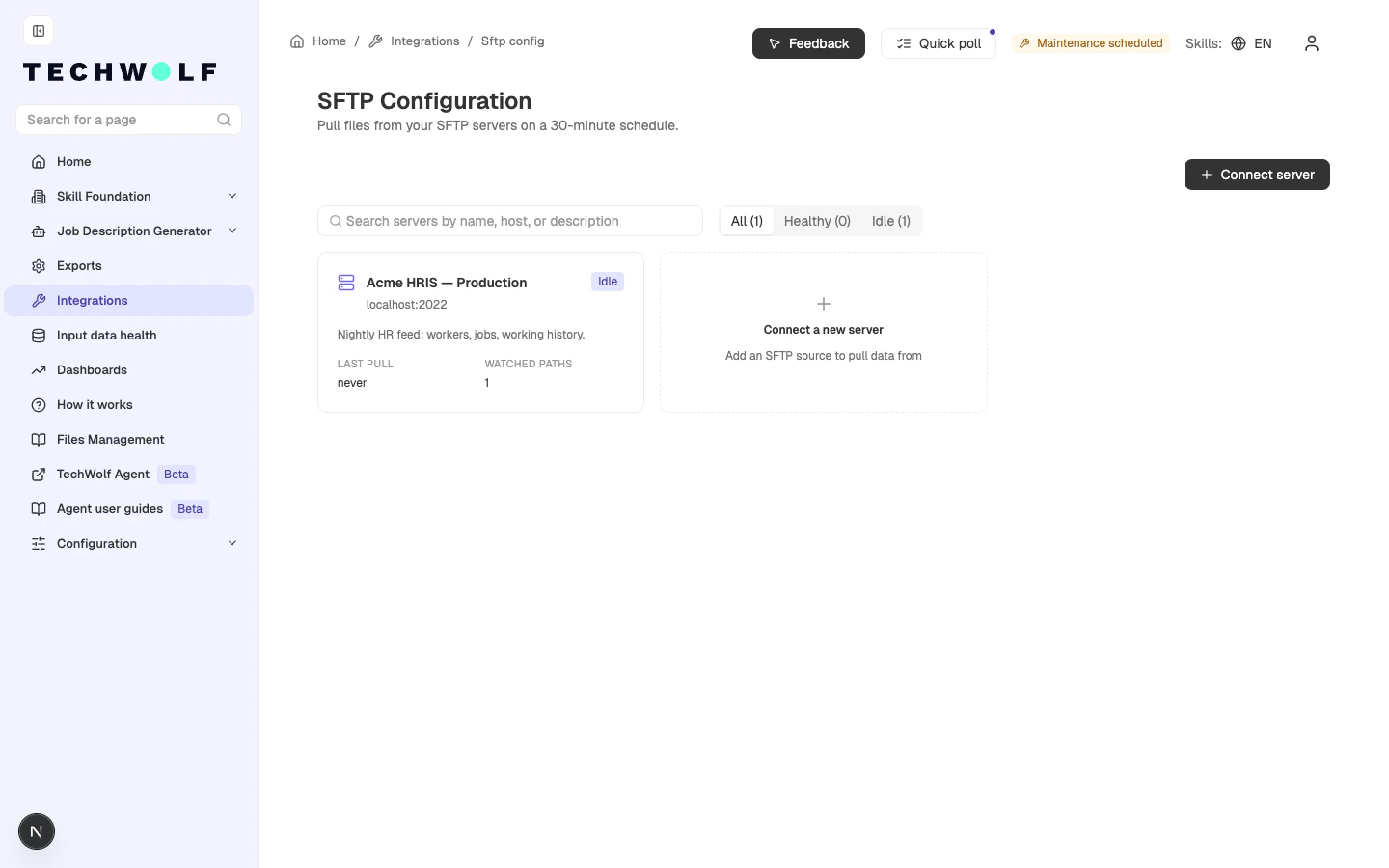 Overview with a connected SFTP server card
