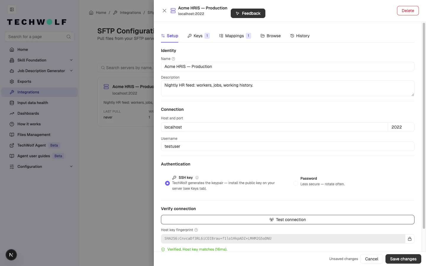 Test connection succeeded with the host-key fingerprint locked