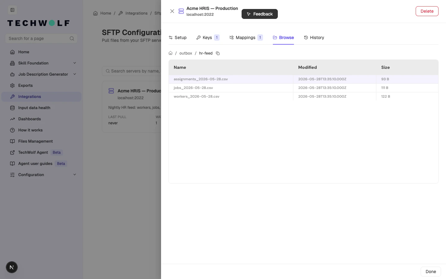 Browse tab showing files inside /outbox/hr-feed