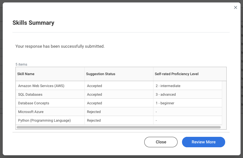 Skills summary with Self-rated Proficiency Levels