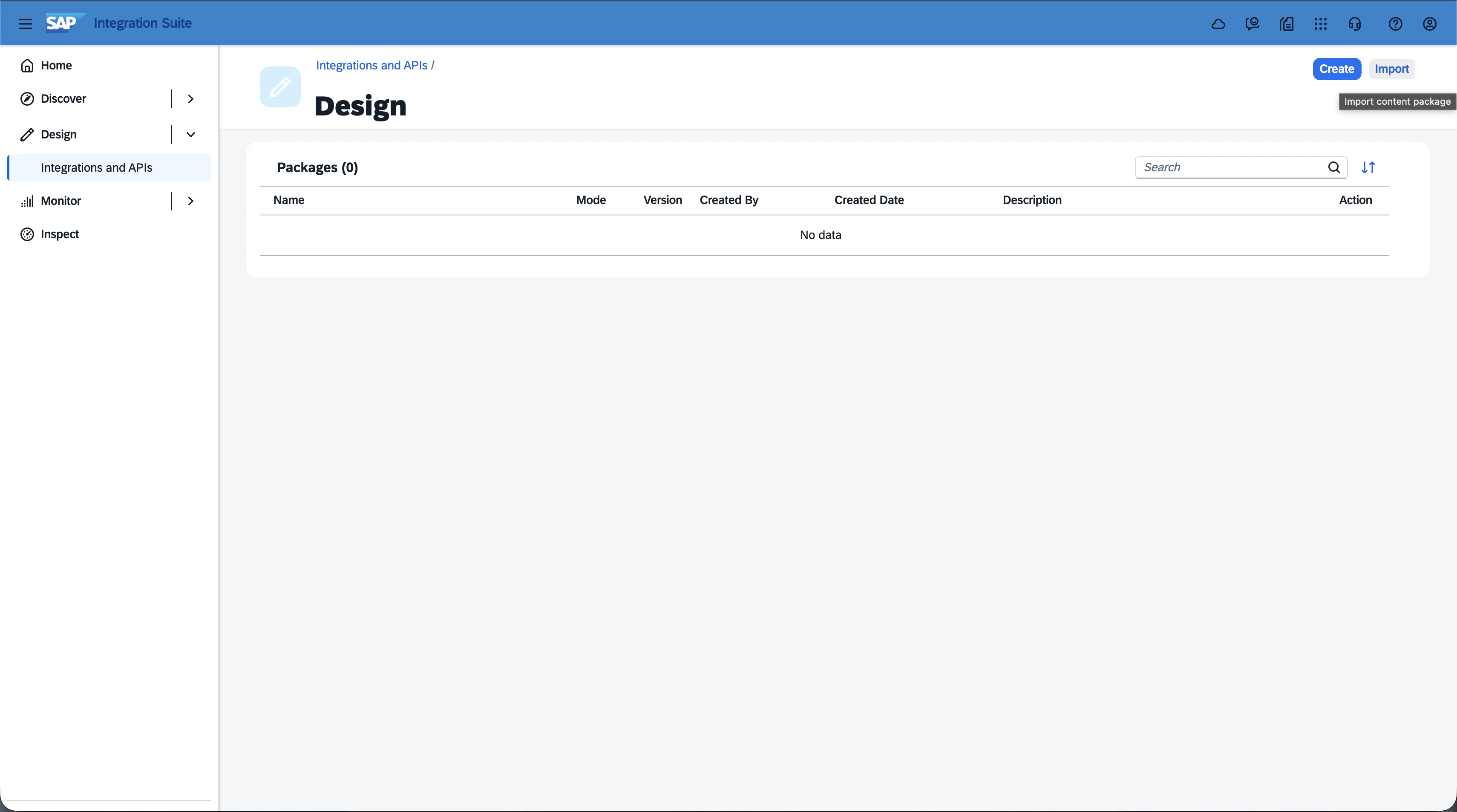 Design > Integrations and APIs screen with Import button highlighted