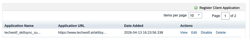 Manage OAuth 2 Client Applications overview showing the registered application