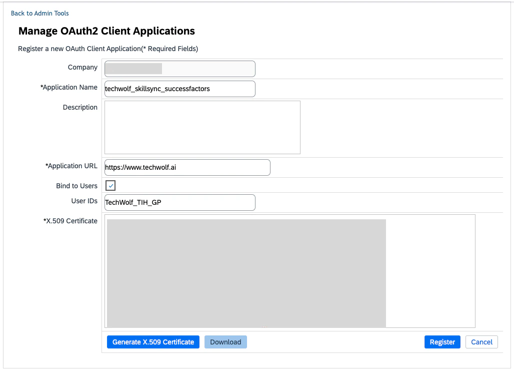Register Client Application form with the required fields filled in