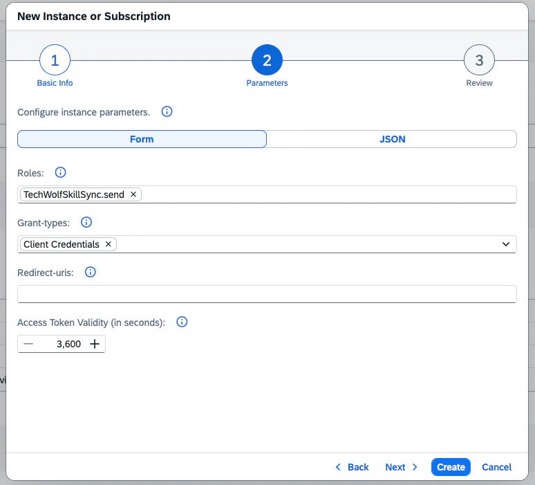 Process Integration Runtime Parameters step with role and grant-type set
