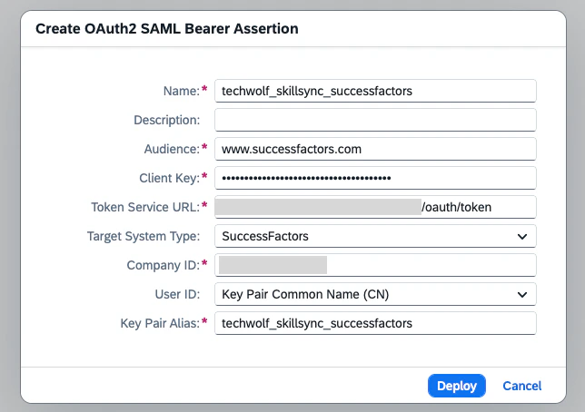 Create OAuth 2 SAML Bearer Assertion form with all fields filled in