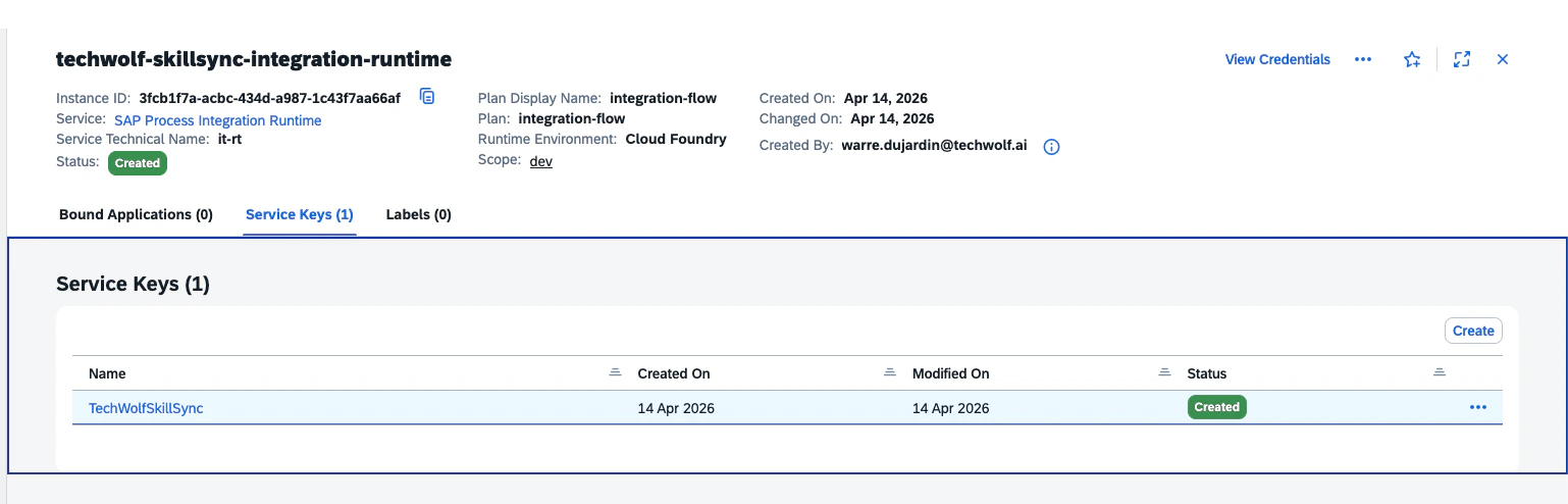 Service Keys tab showing the newly created key