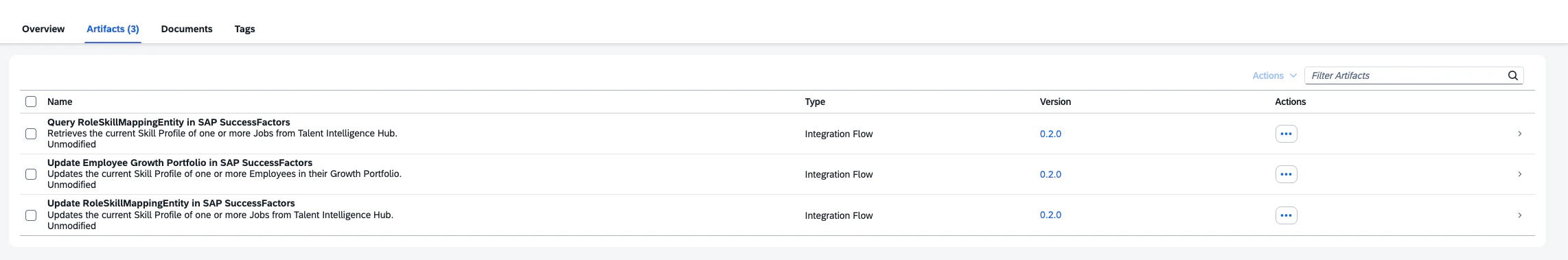 Imported package Artifacts tab listing the three iFlows