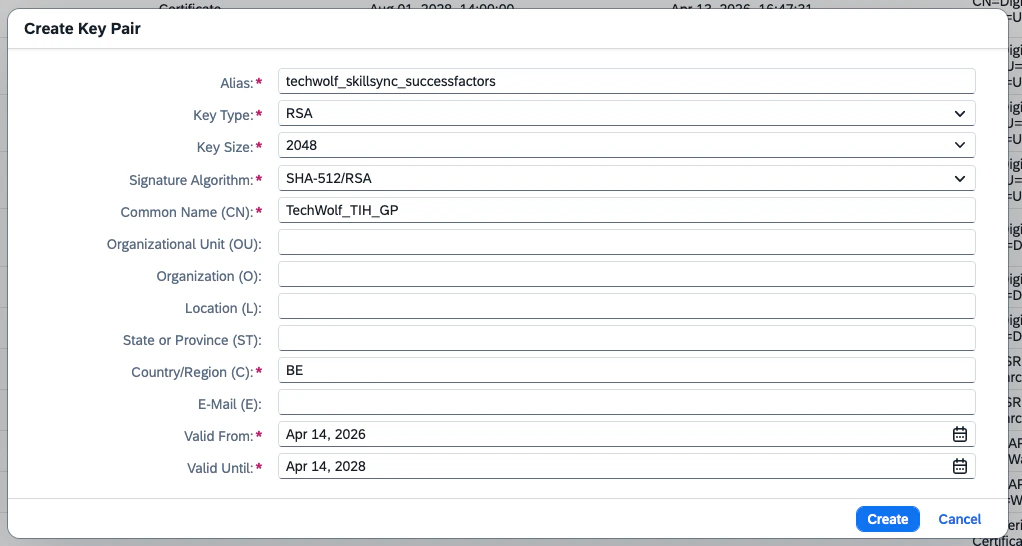 Create Key Pair form with Alias, Common Name, and Country filled in