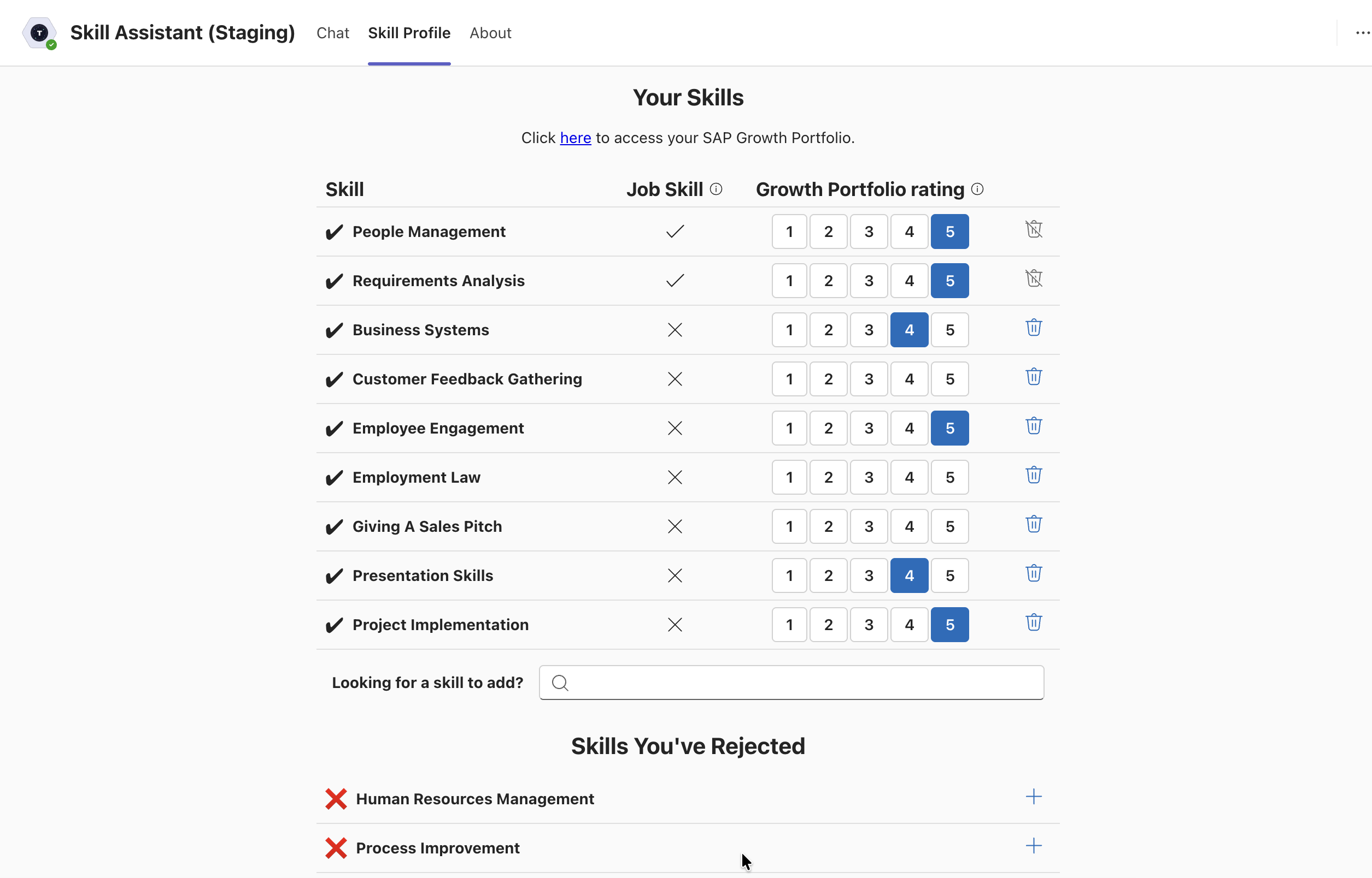 Skill Management Tab Interface