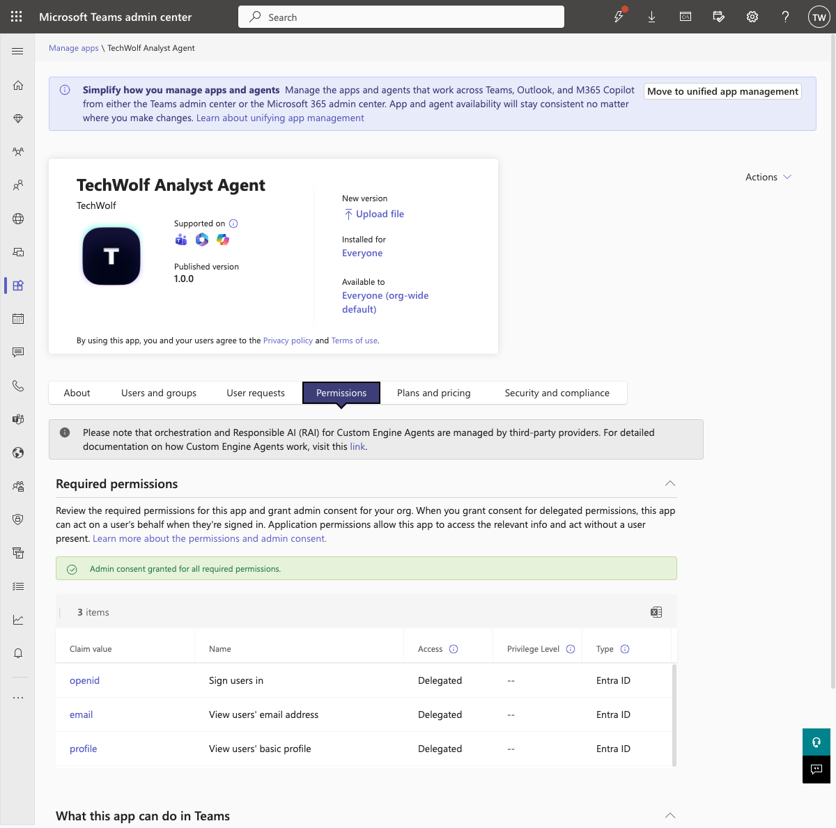 The app's Permissions tab showing admin consent granted for openid, email and profile