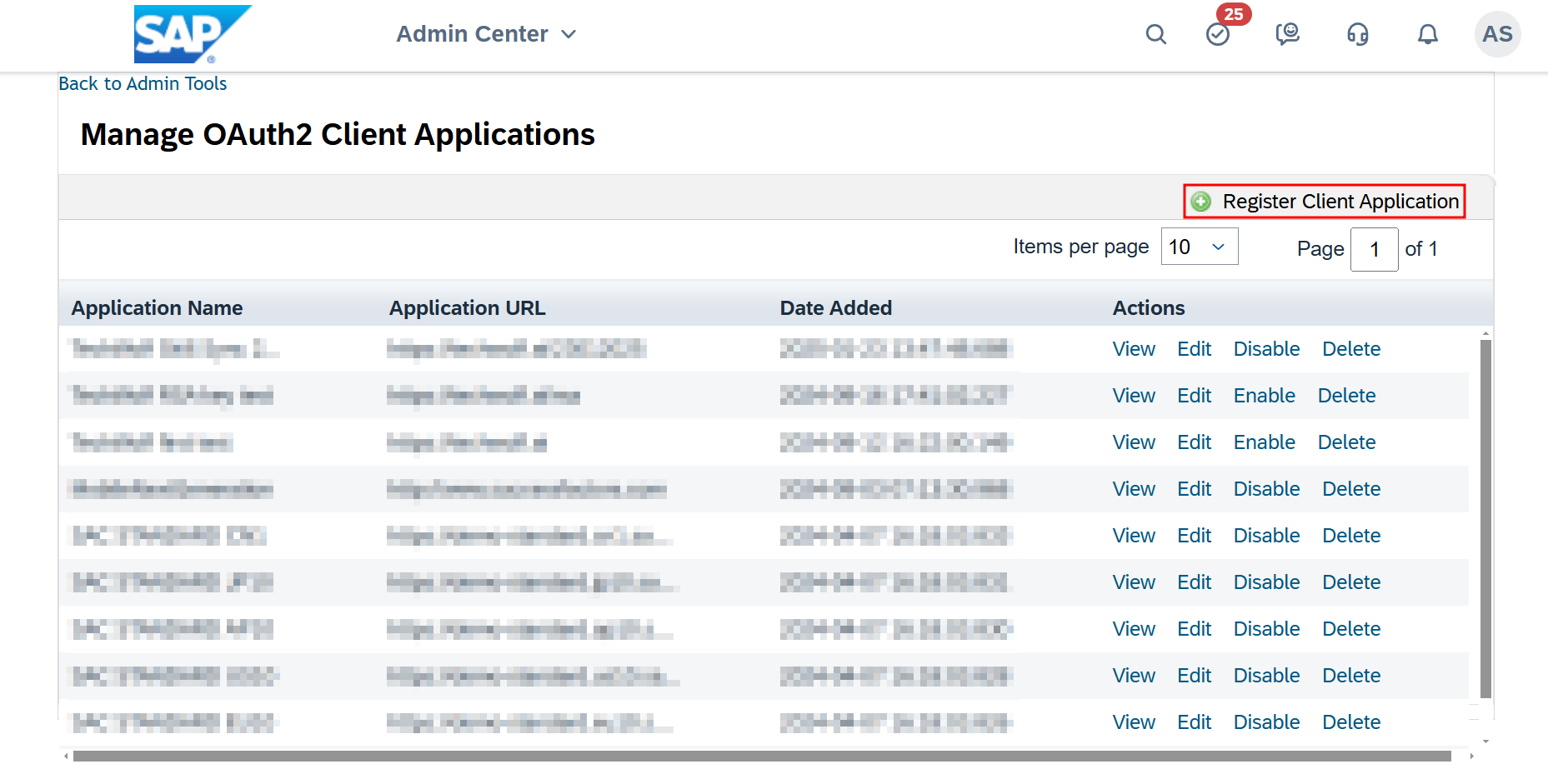 Manage OAuth2 Client Applications Screen
