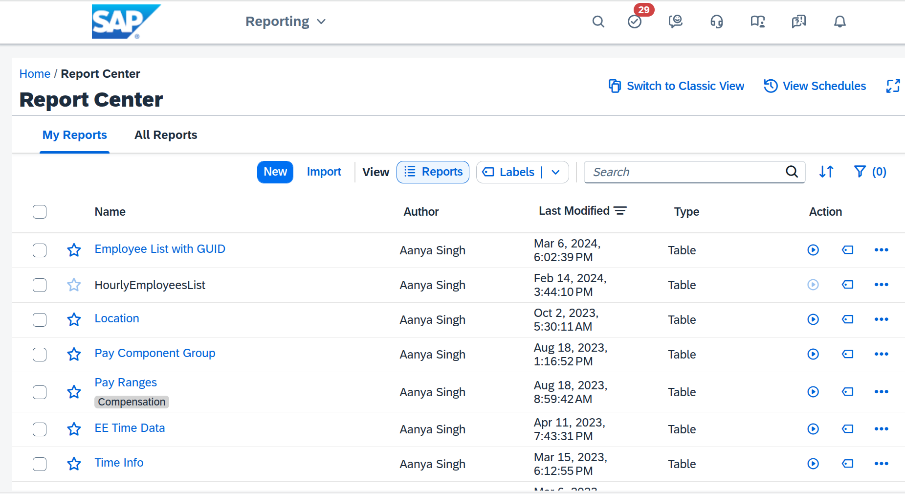 Reports Center main page