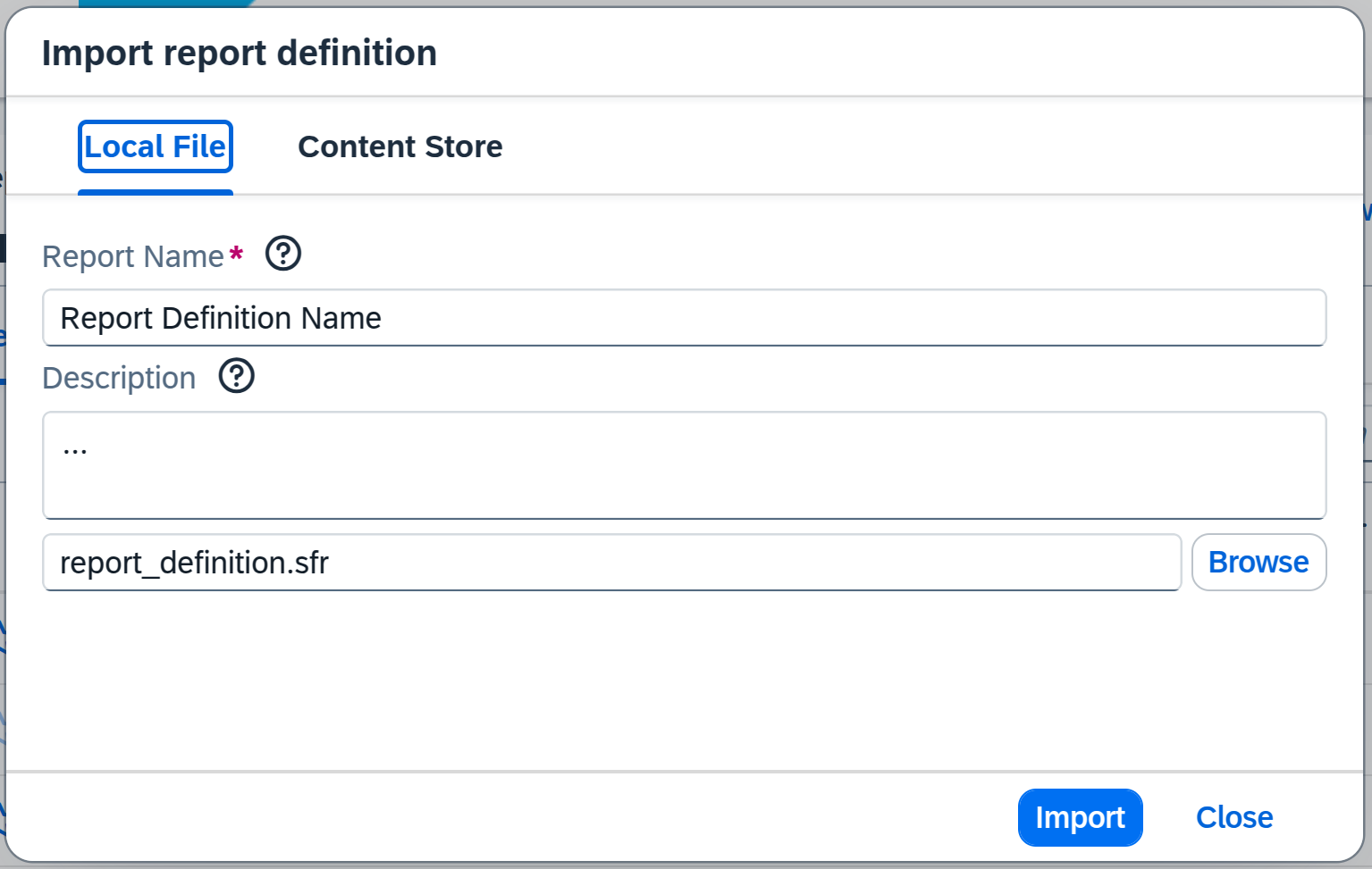 Import pop-up window