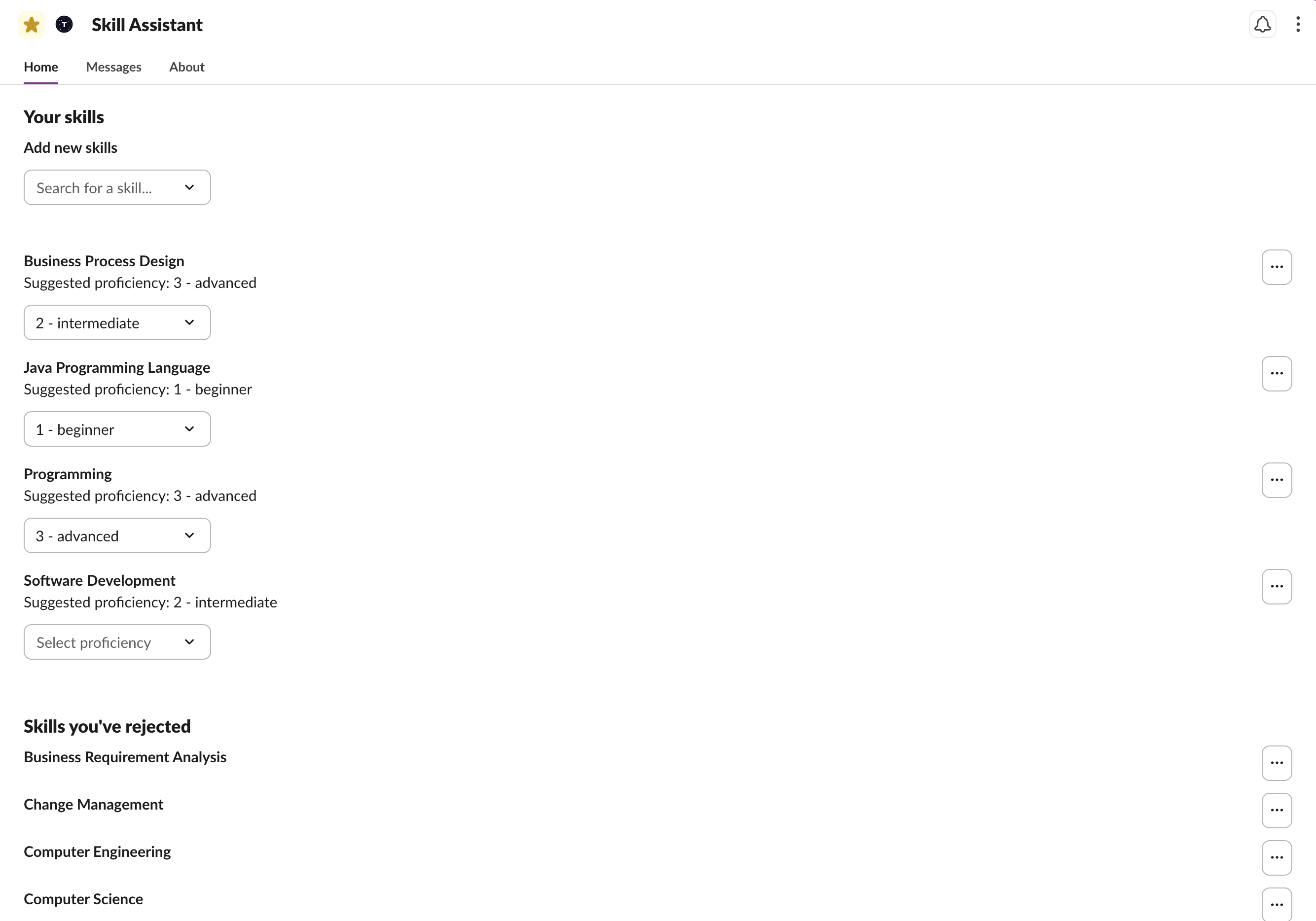 App Home with proficiency levels