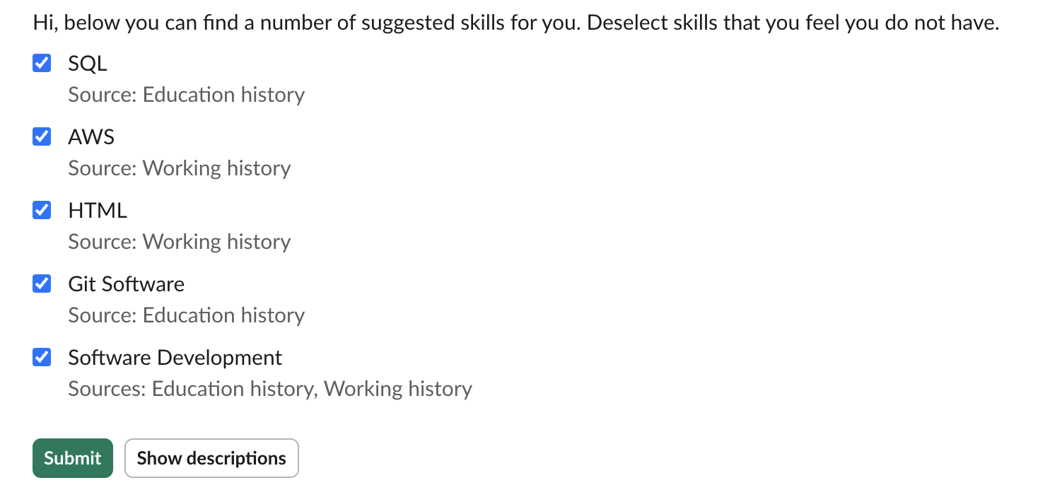 Skill Suggestions with skill description button