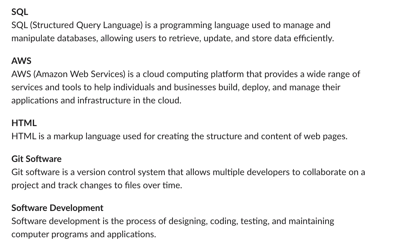 Skills with their descriptions