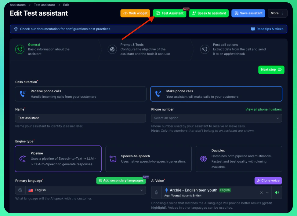 Test Assistant Button