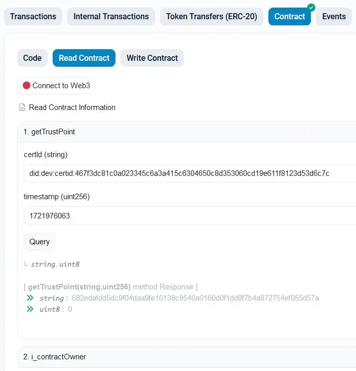 Etherscan TrustPointRepo read functions