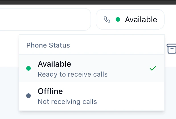 Phone status toggle showing Available and Offline states