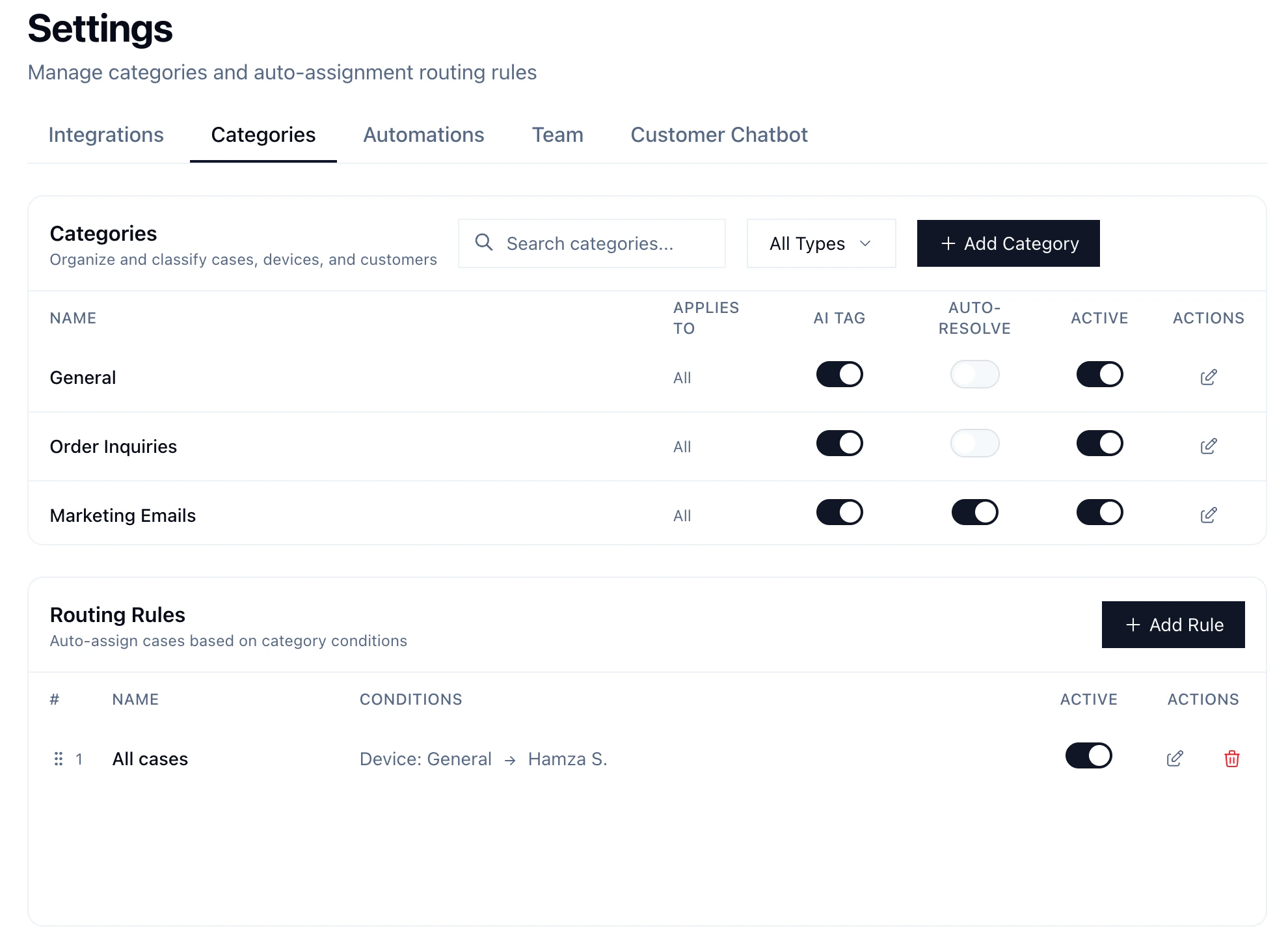 Categories and routing rules settings page