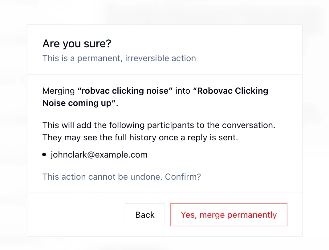 Confirmation dialog warning that merging is permanent and irreversible