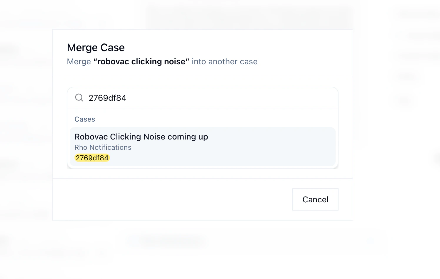 Merge case dialog showing search for a target case