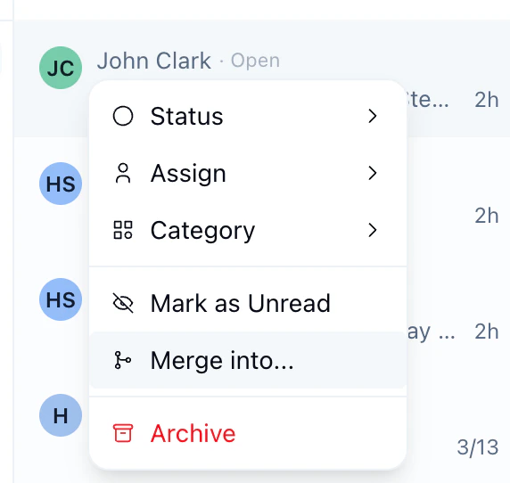 Right-click context menu on a case showing the Merge into option
